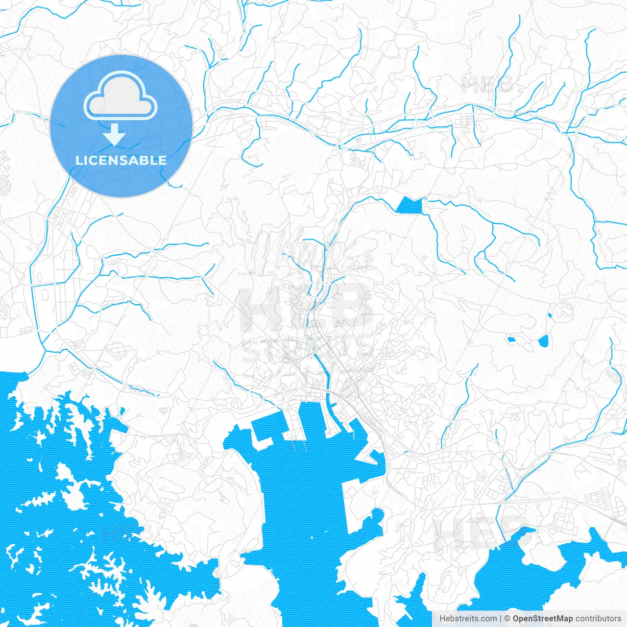 Sasebo, Japan PDF vector map with water in focus