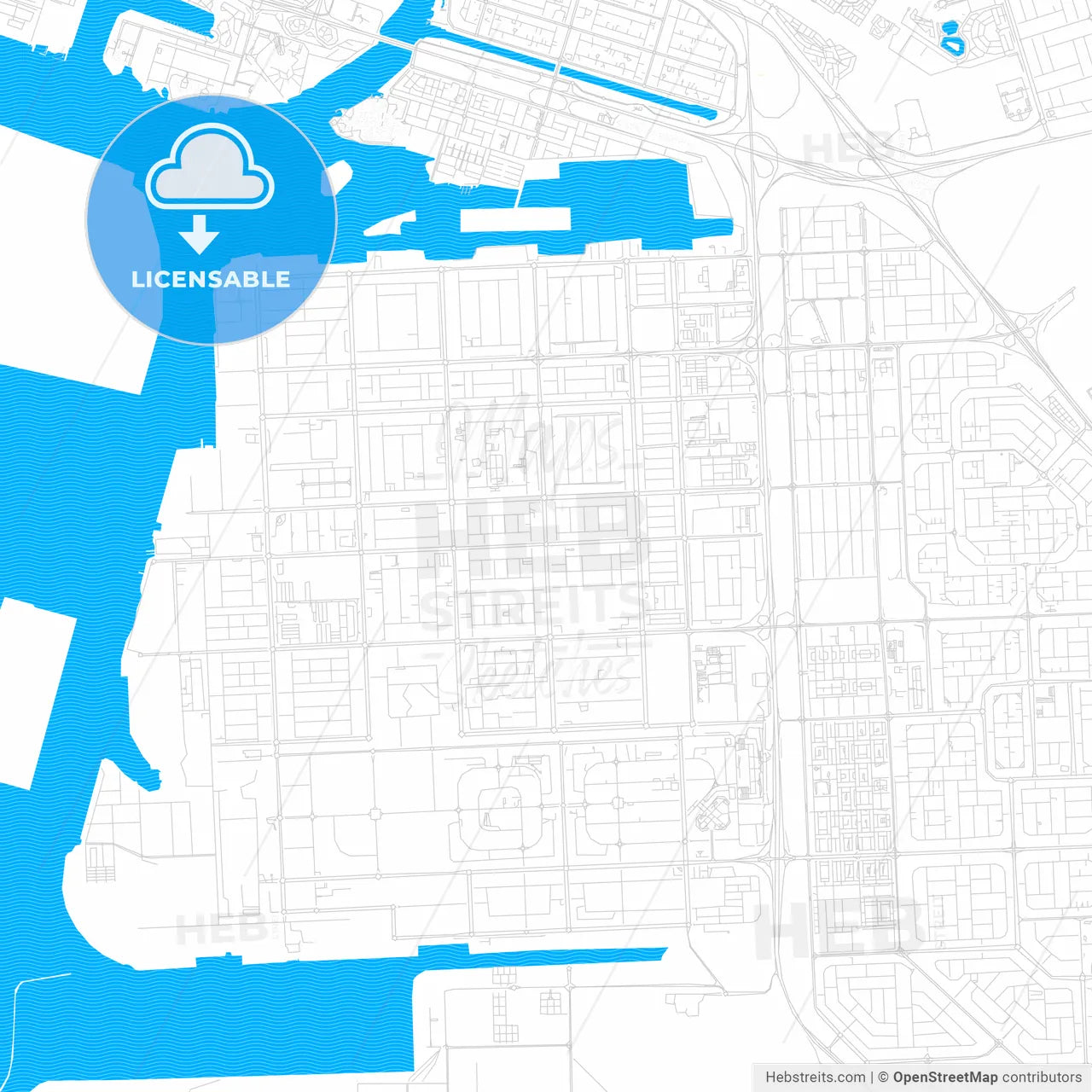Musaffah City , United Arab Emirates PDF vector map with water in focus