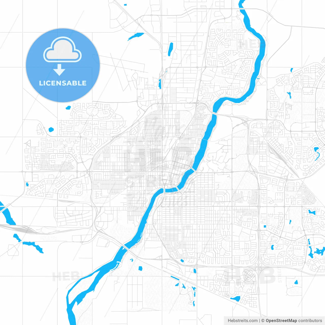 Saskatoon, Canada PDF vector map with water in focus
