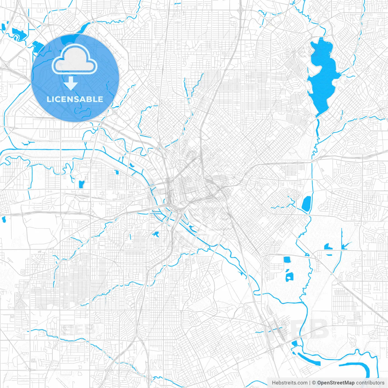 Dallas, Texas, United States, PDF vector map with water in focus
