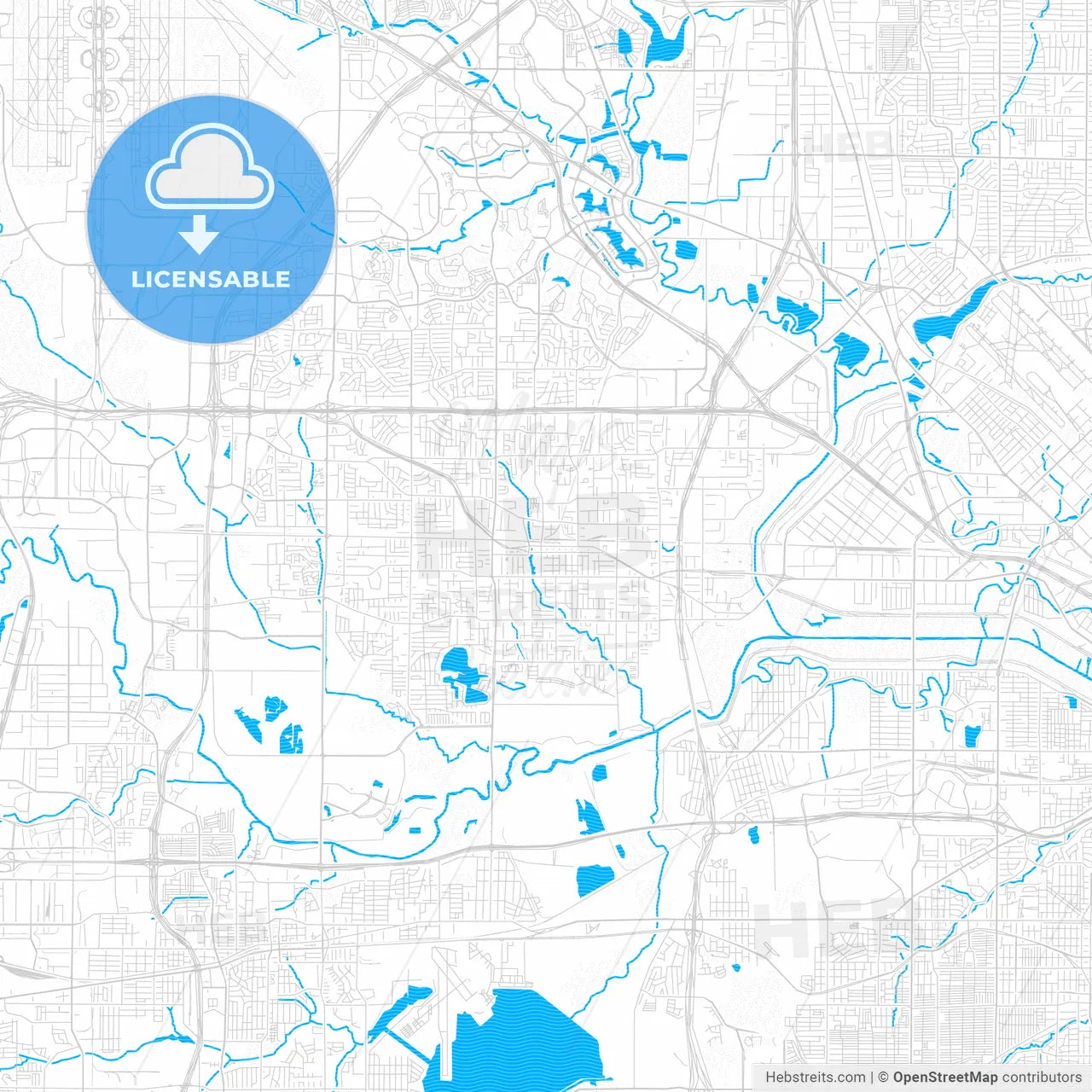 Irving, Texas, United States, PDF vector map with water in focus
