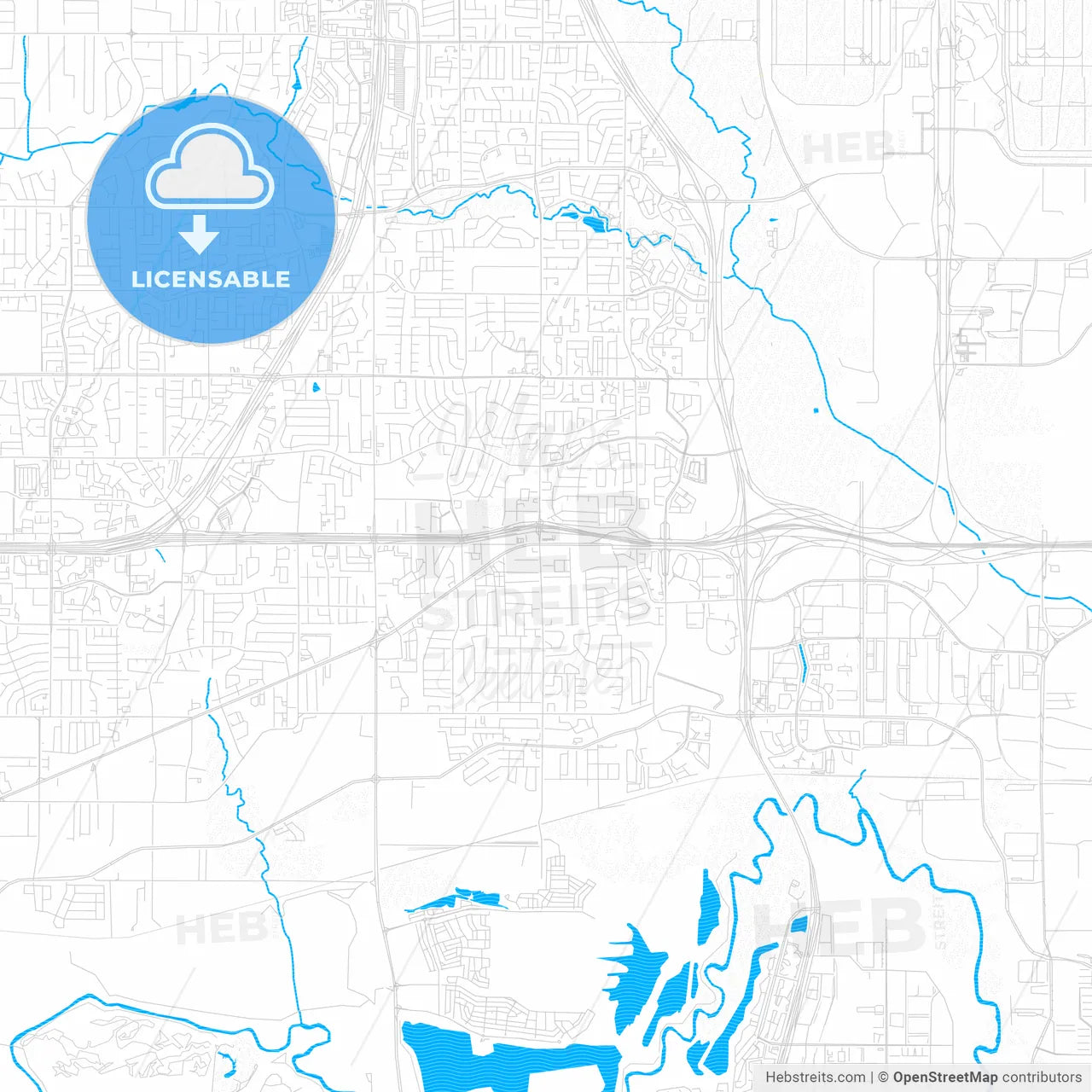 Euless, Texas, United States, PDF vector map with water in focus