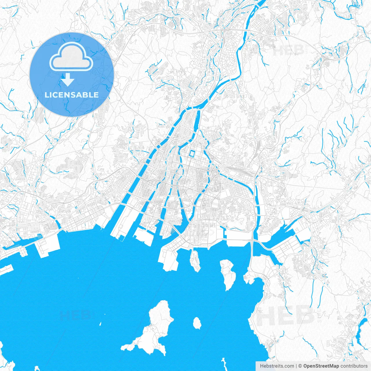 Hiroshima, Japan PDF vector map with water in focus