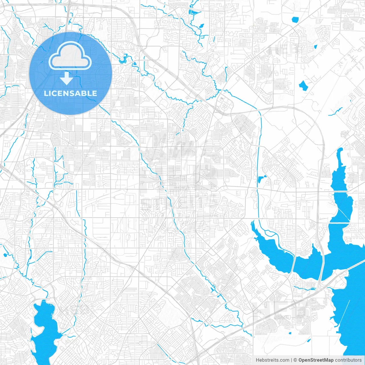 Garland, Texas, United States, PDF vector map with water in focus