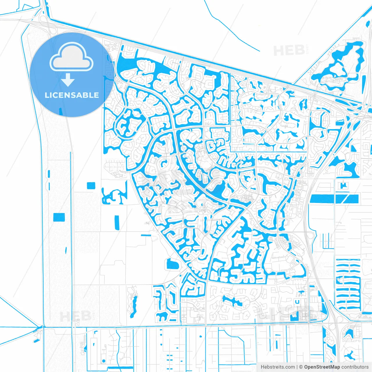 Weston, Florida, United States, PDF vector map with water in focus