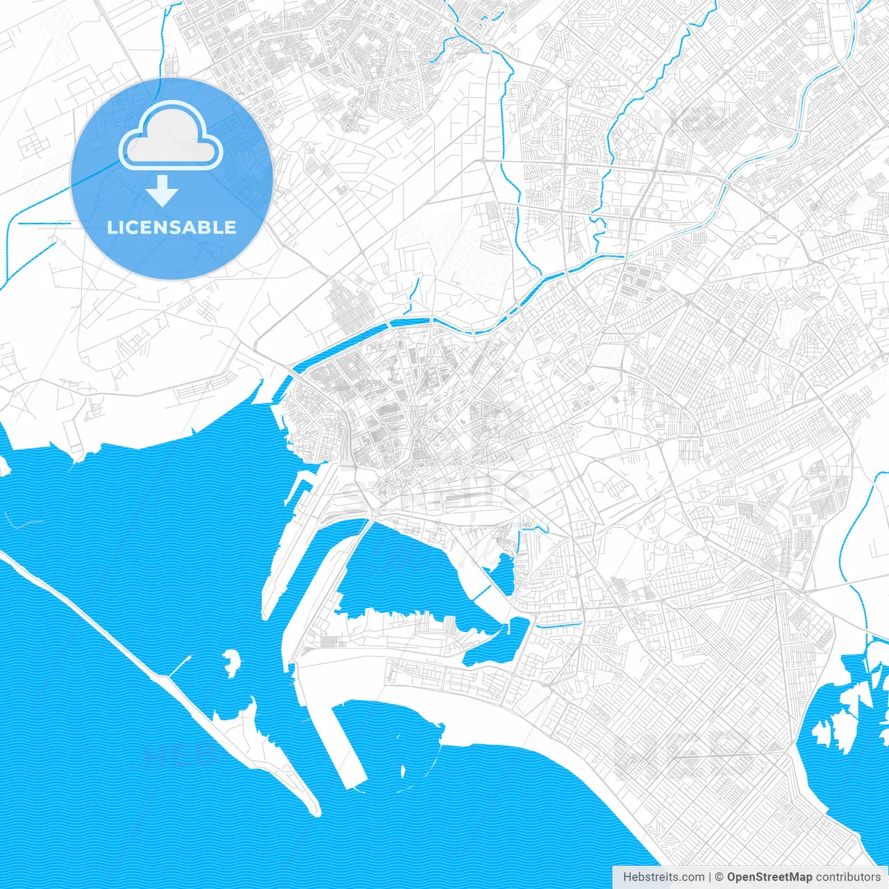 Karachi, Pakistan PDF vector map with water in focus
