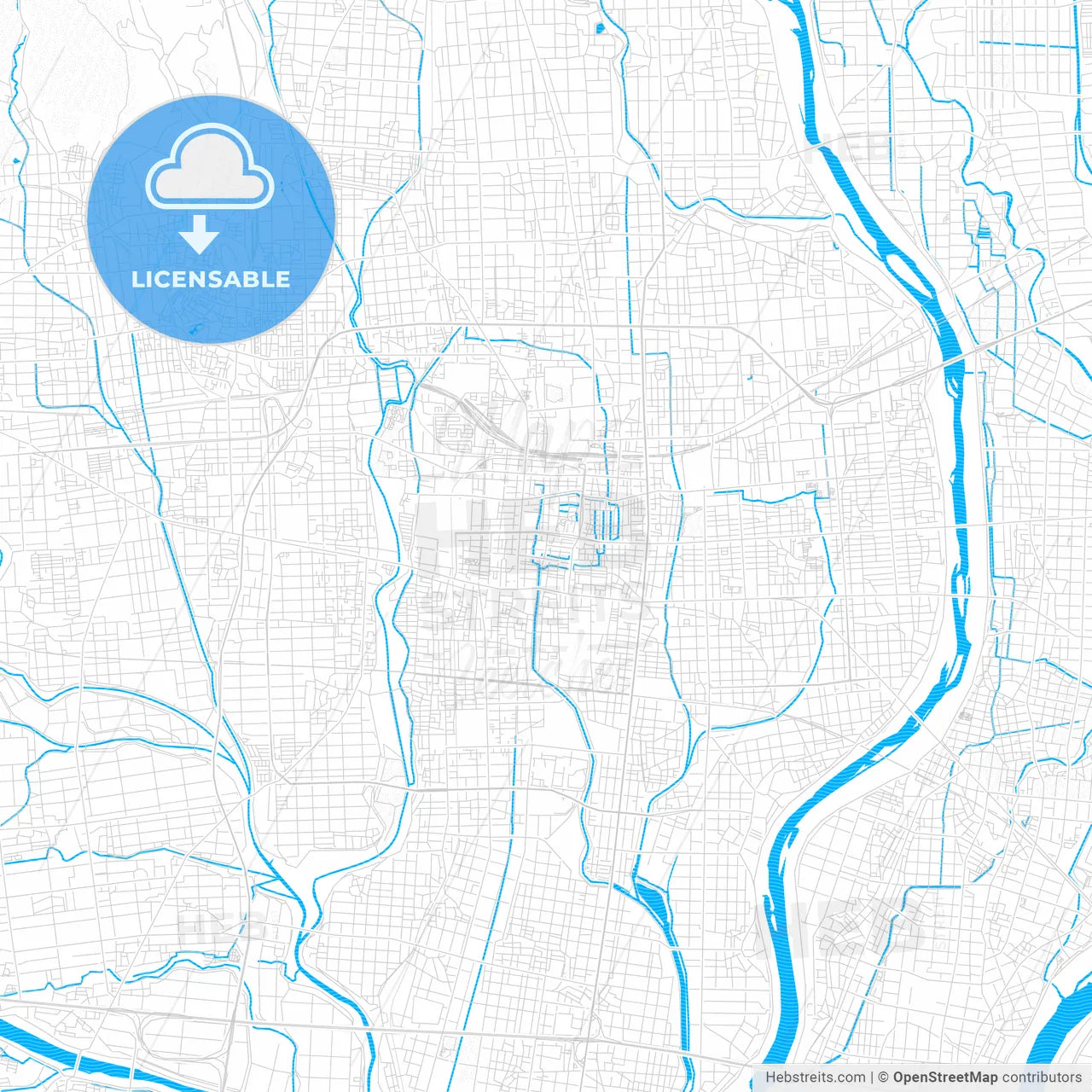 Ōgaki, Japan PDF vector map with water in focus