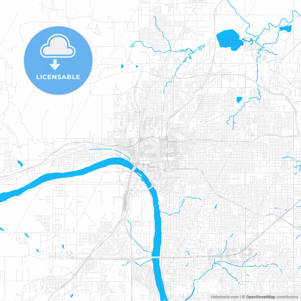 Tulsa, Oklahoma, United States, PDF vector map with water in focus