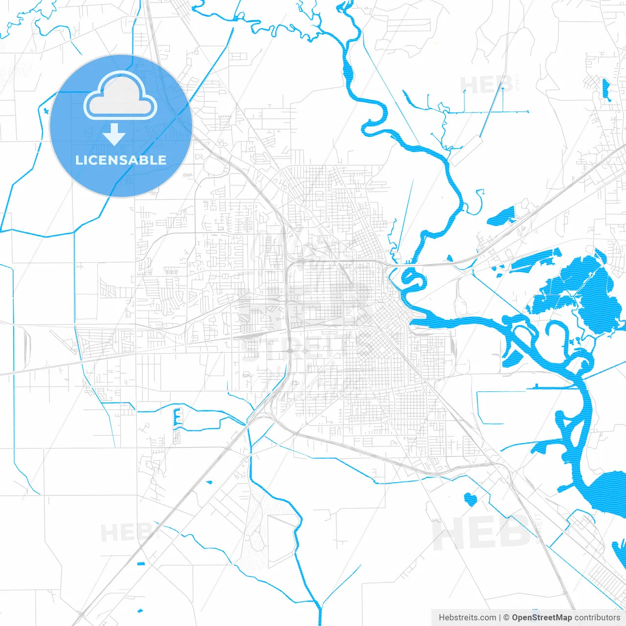 Beaumont, Texas, United States, PDF vector map with water in focus