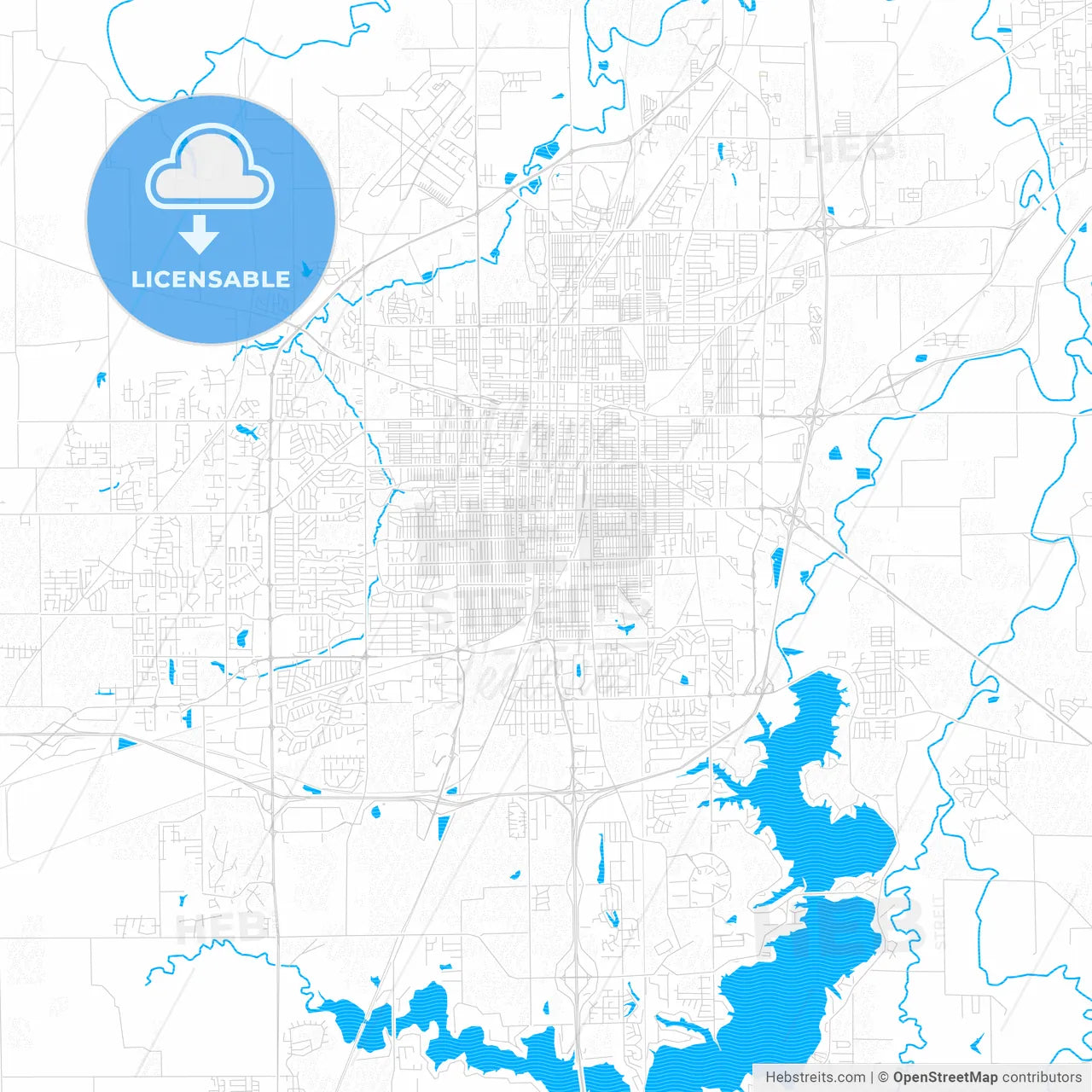 Springfield, Illinois, United States, PDF vector map with water in focus