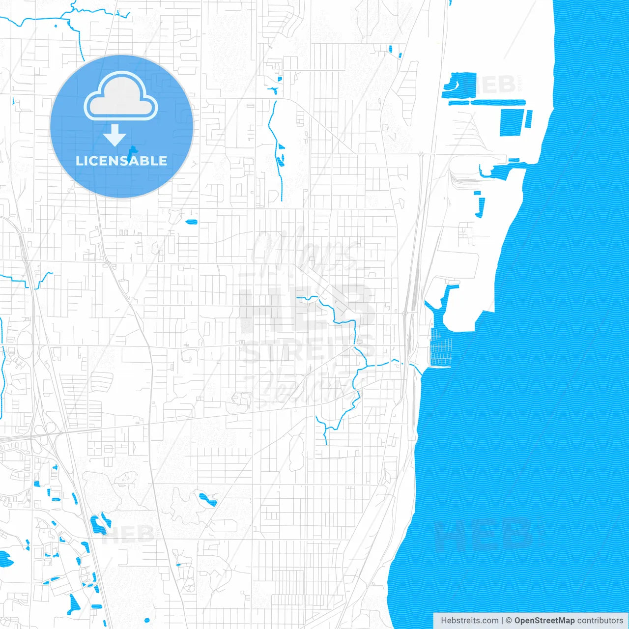Waukegan, Illinois, United States, PDF vector map with water in focus