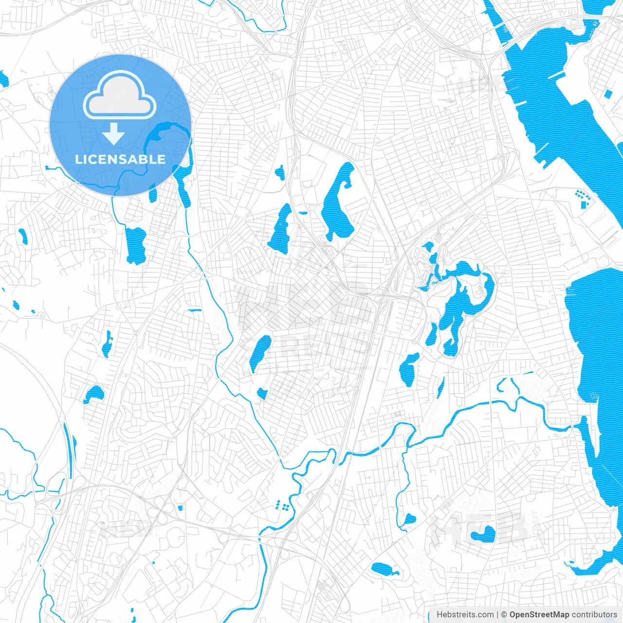 Cranston, Rhode Island, United States, PDF vector map with water in focus