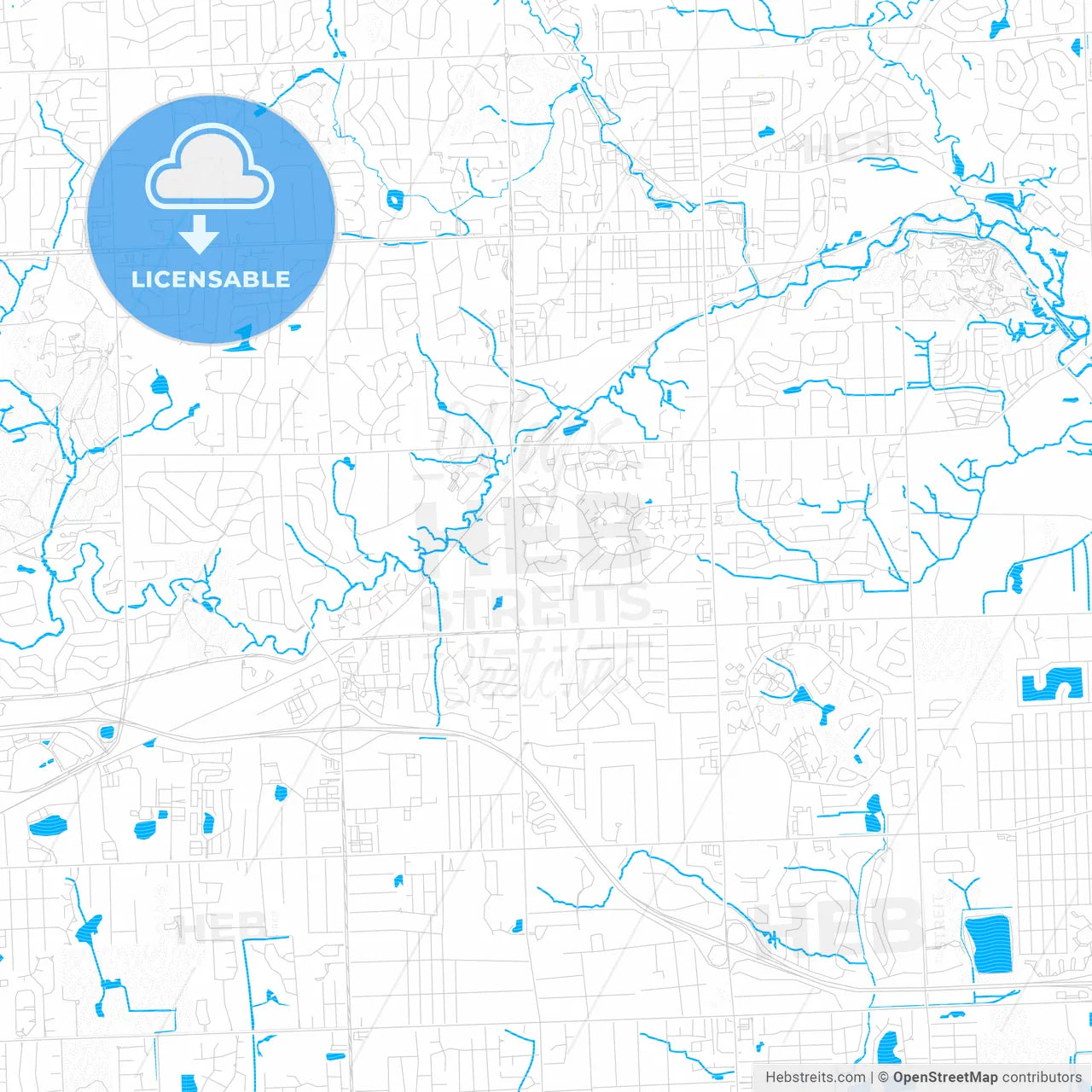 Rochester Hills, Michigan, United States, PDF vector map with water in focus