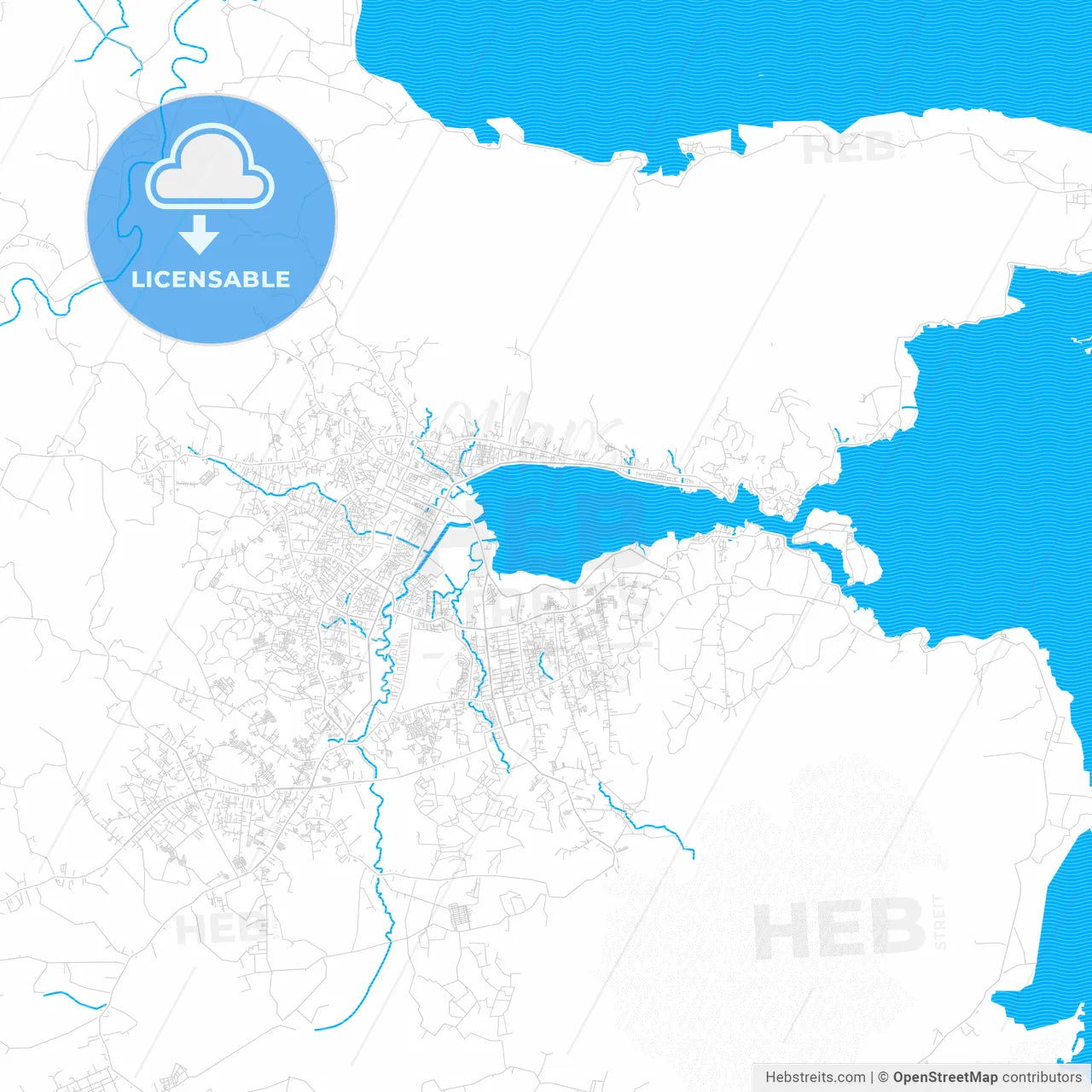 Kendari, Indonesia PDF vector map with water in focus