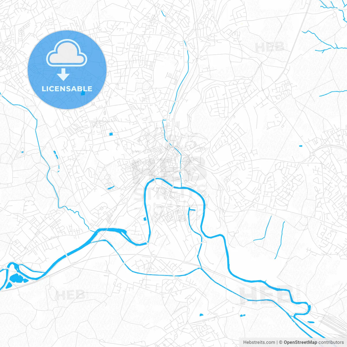 Dewsbury, England PDF vector map with water in focus