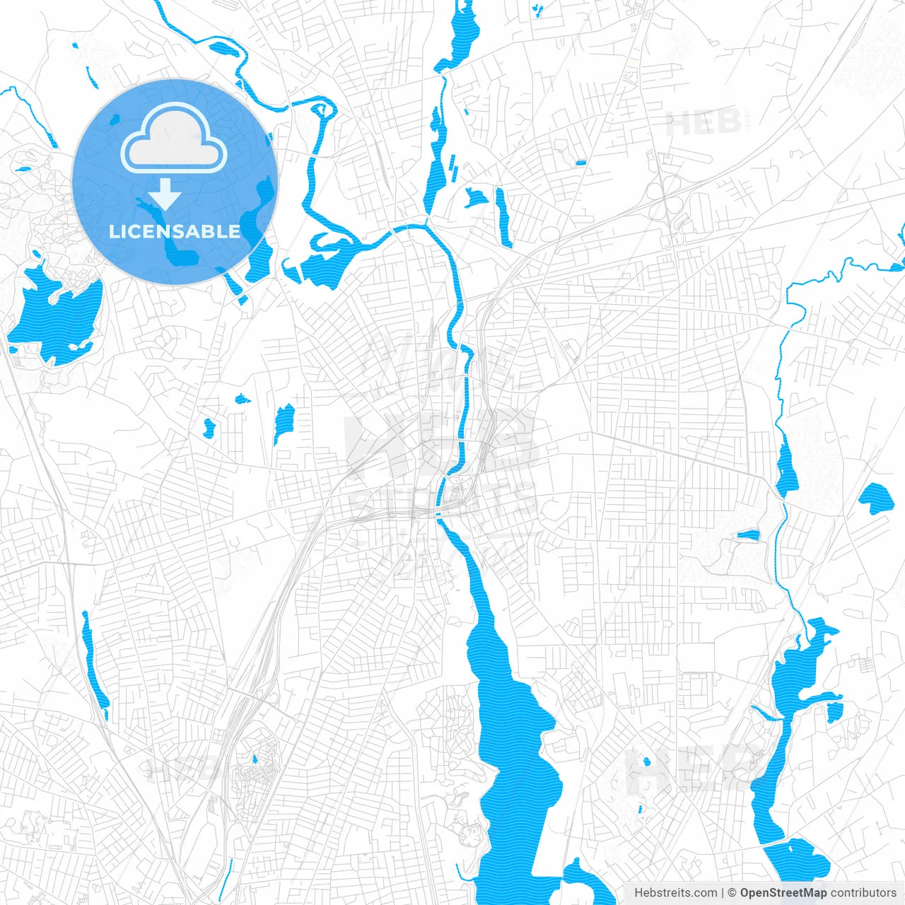 Pawtucket, Rhode Island, United States, PDF vector map with water in focus