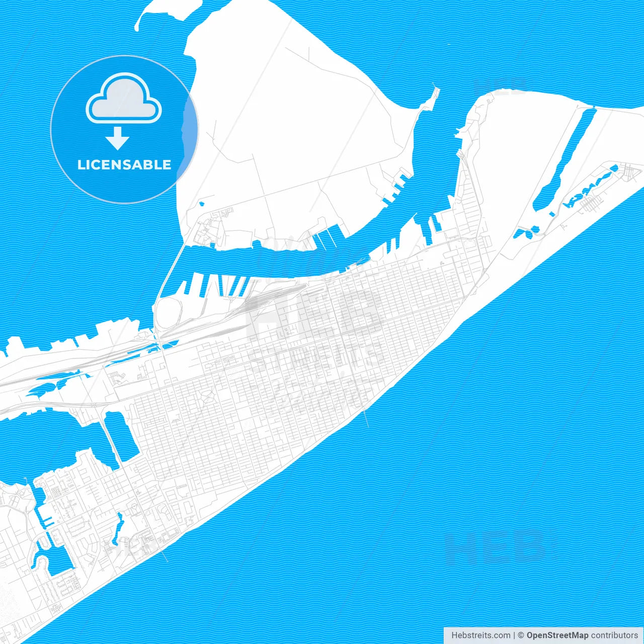 Galveston, Texas, United States, PDF vector map with water in focus