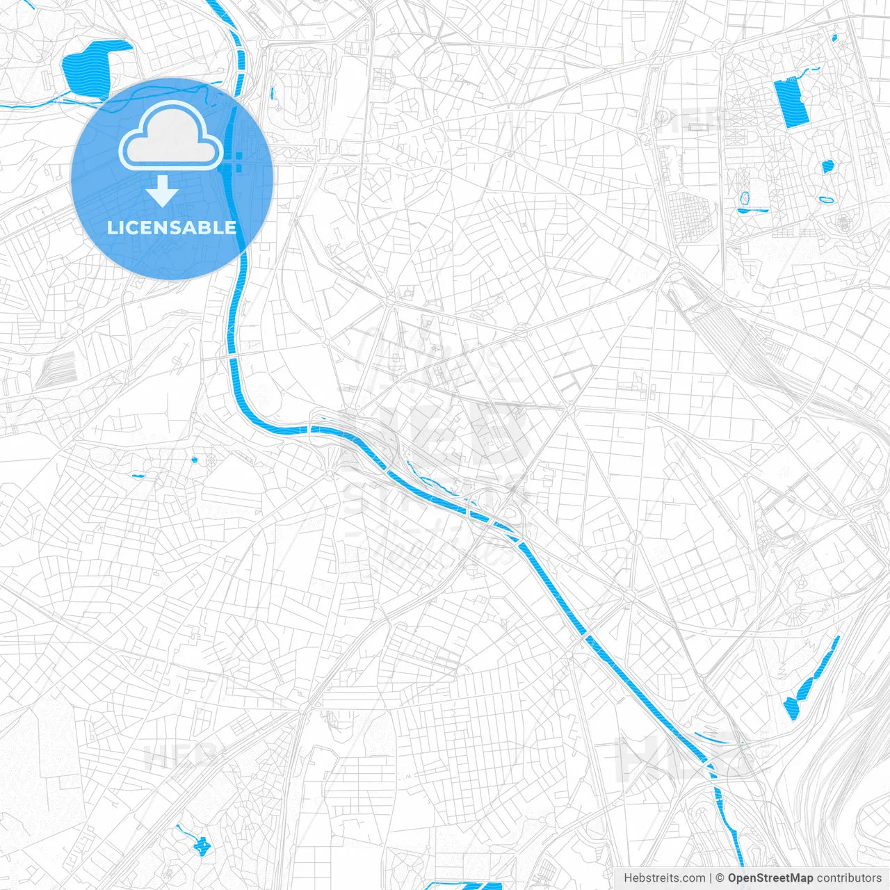 Arganzuela, Spain PDF vector map with water in focus