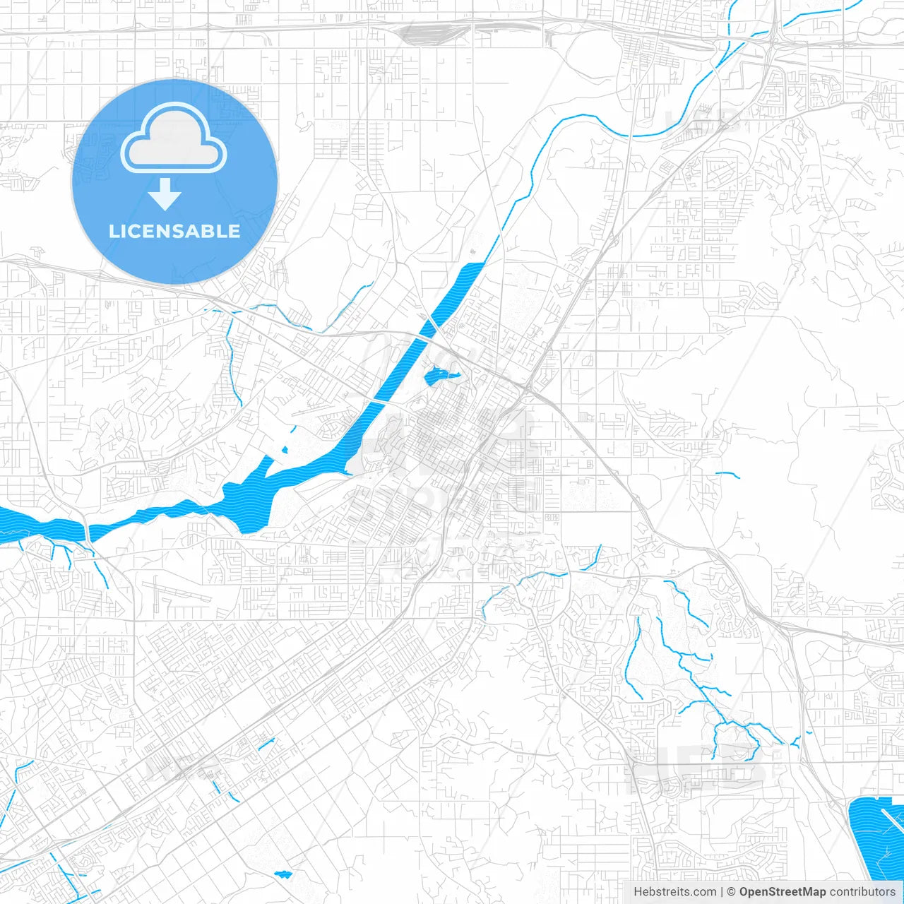 Riverside, California, United States, PDF vector map with water in focus