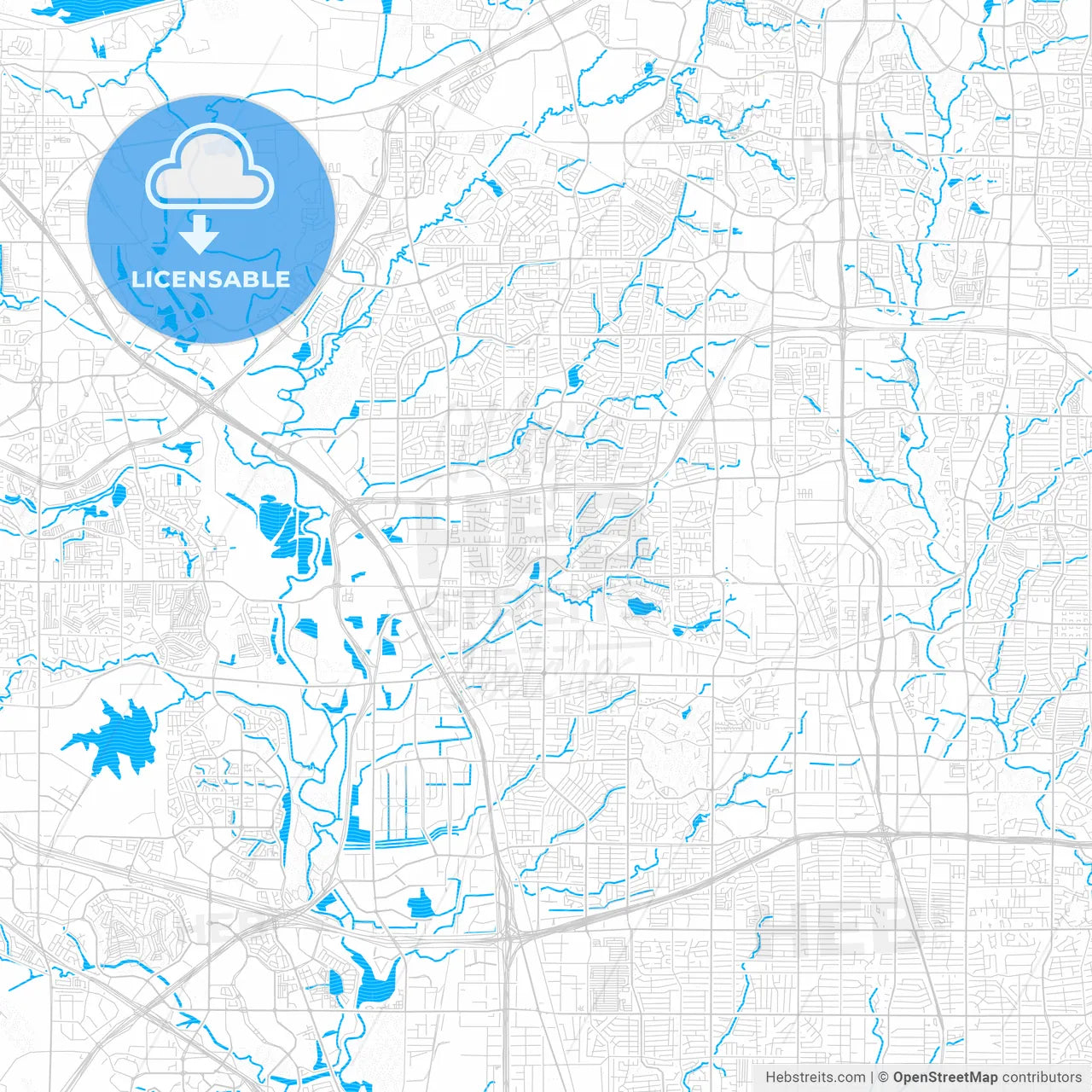 Carrollton, Texas, United States, PDF vector map with water in focus