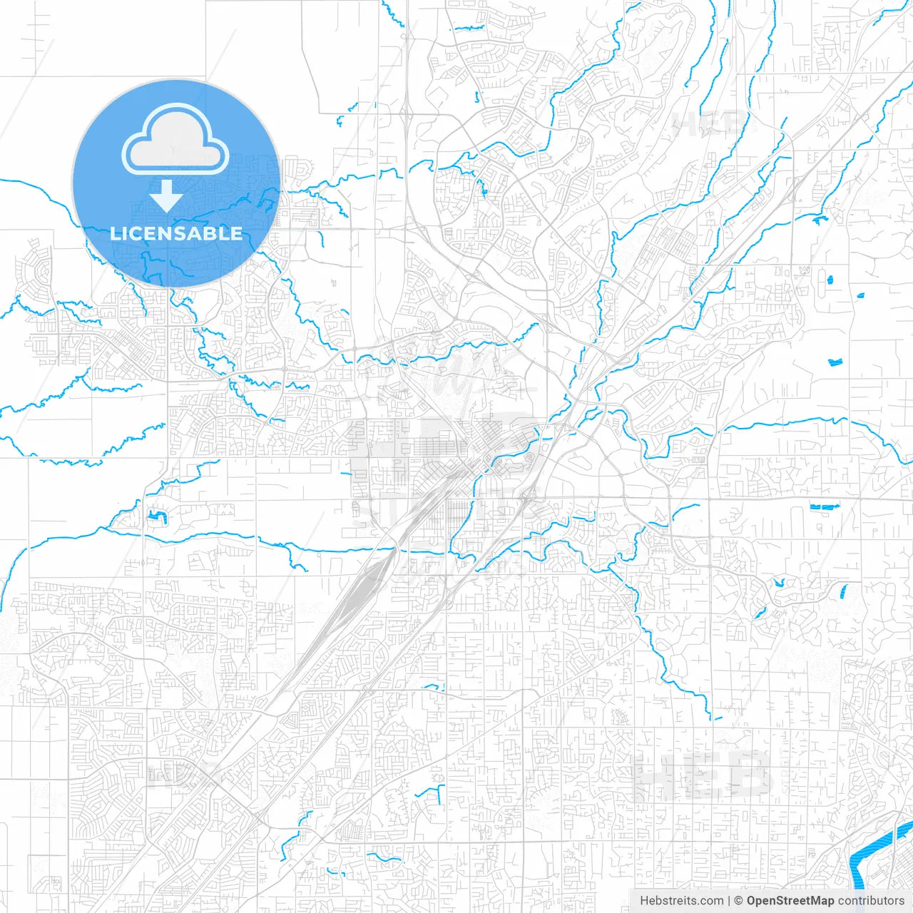 Roseville, California, United States, PDF vector map with water in focus