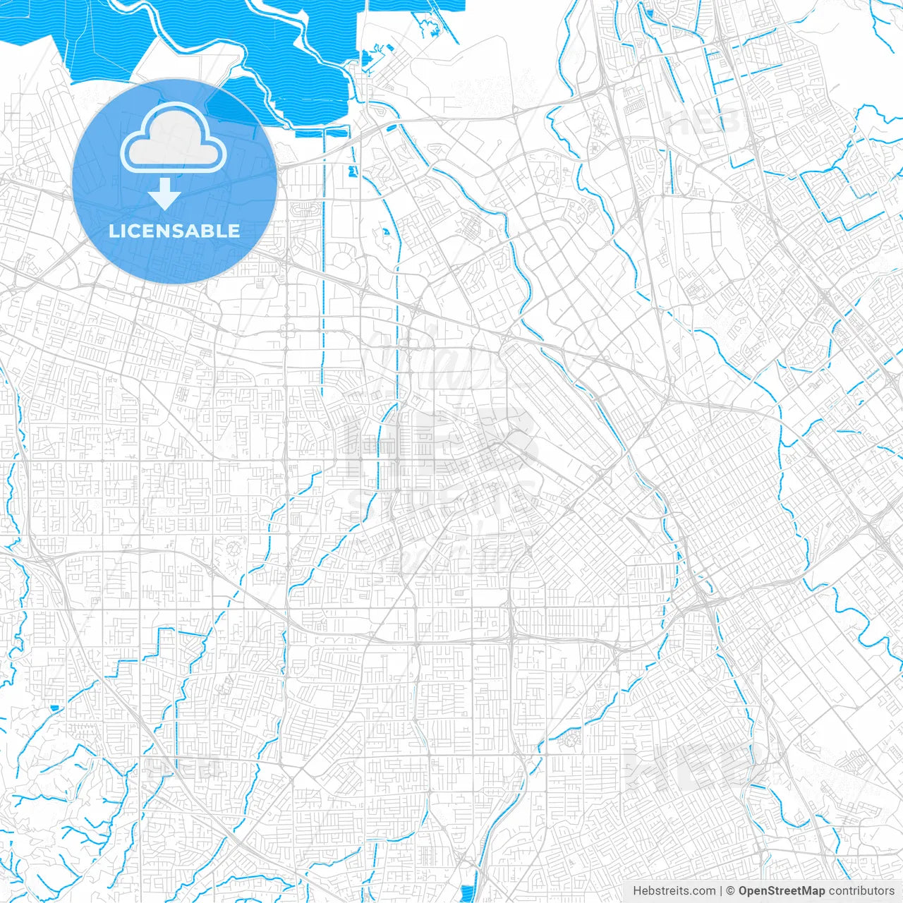 Santa Clara, California, United States, PDF vector map with water in focus