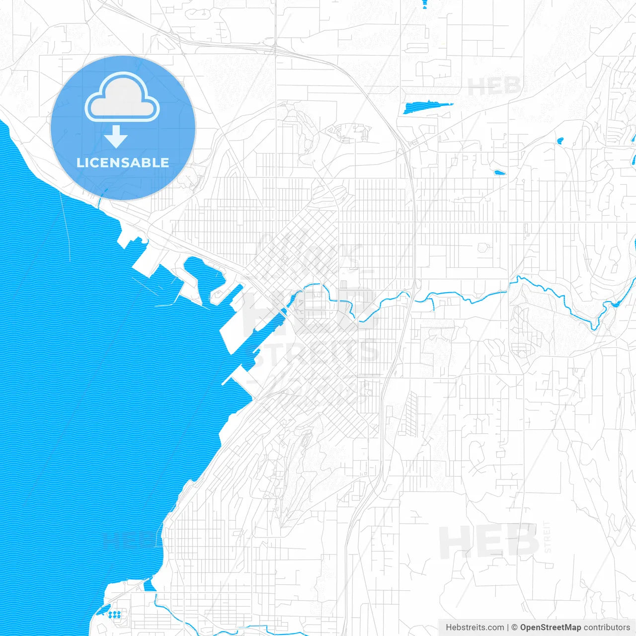 Bellingham, Washington, United States, PDF vector map with water in focus