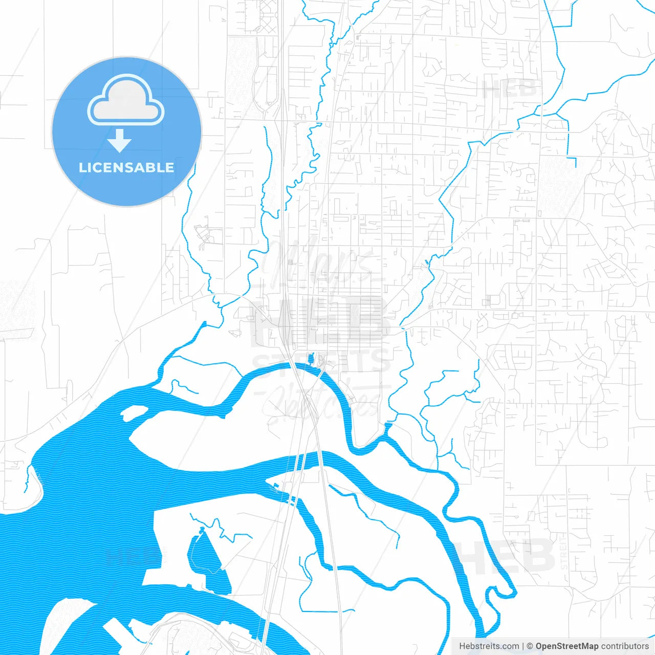 Marysville, Washington, United States, PDF vector map with water in focus