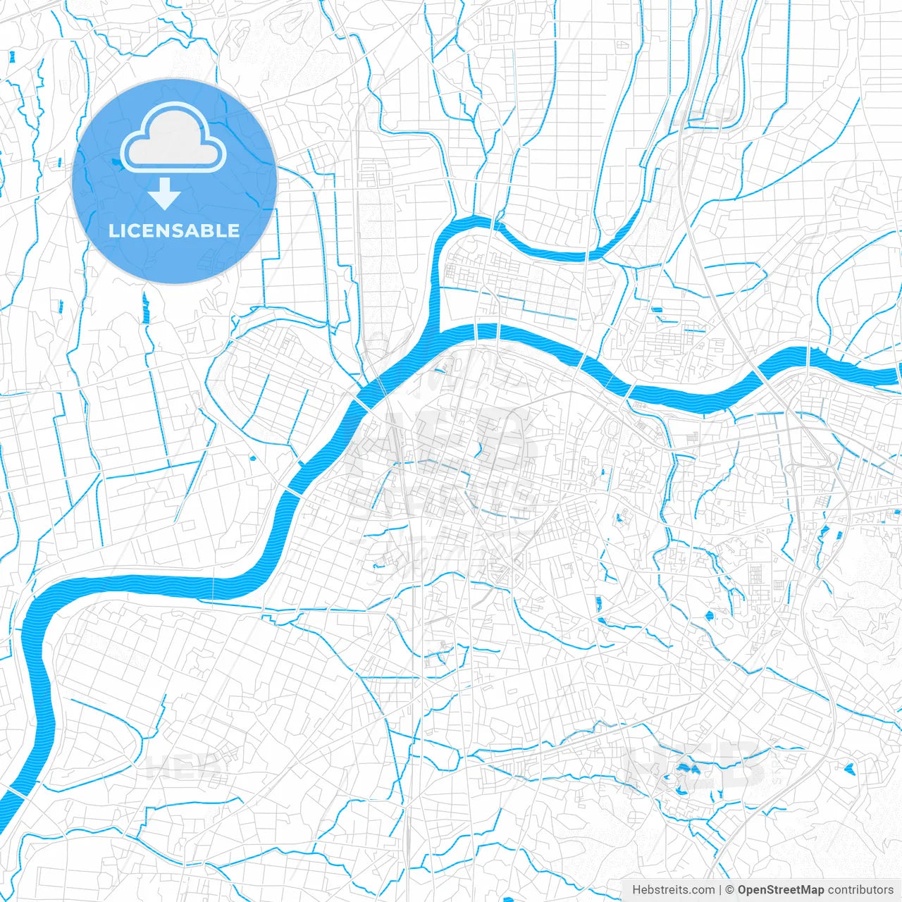 Kurume, Japan PDF vector map with water in focus