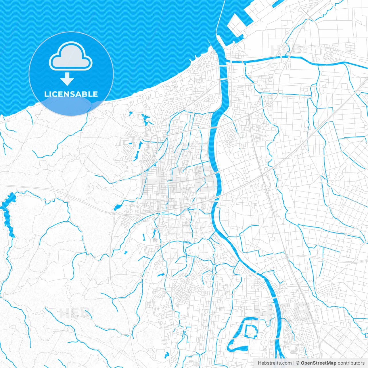 Jōetsu, Japan PDF vector map with water in focus