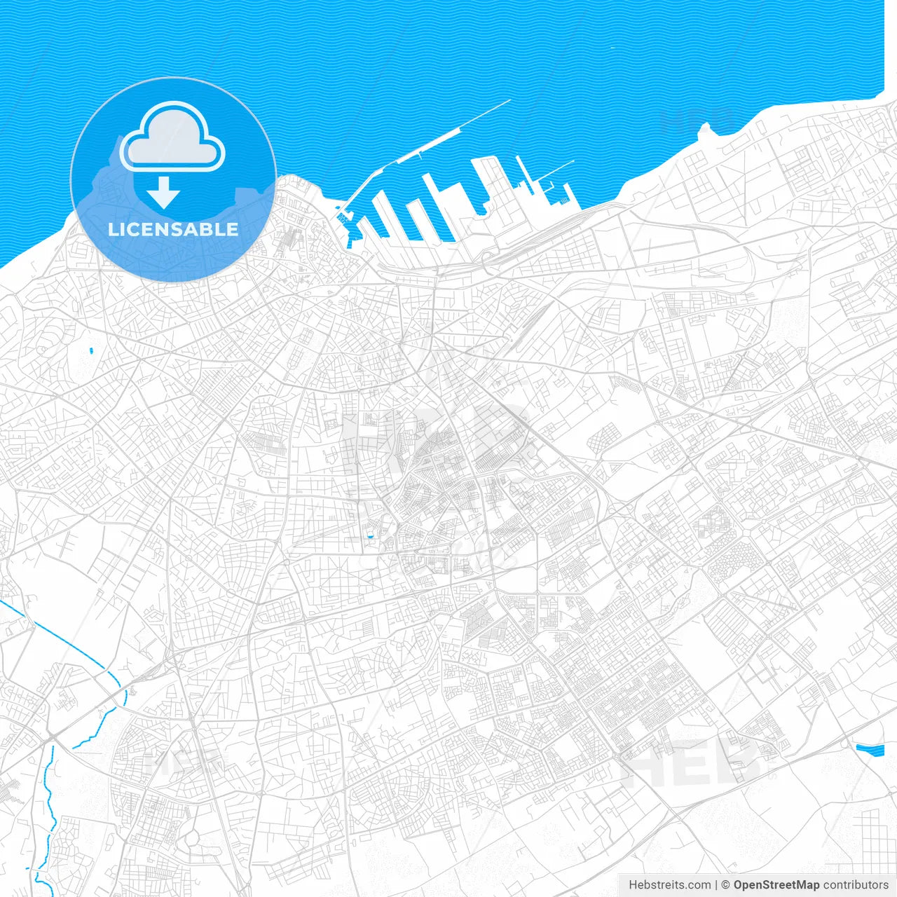 Casablanca, Morocco PDF vector map with water in focus