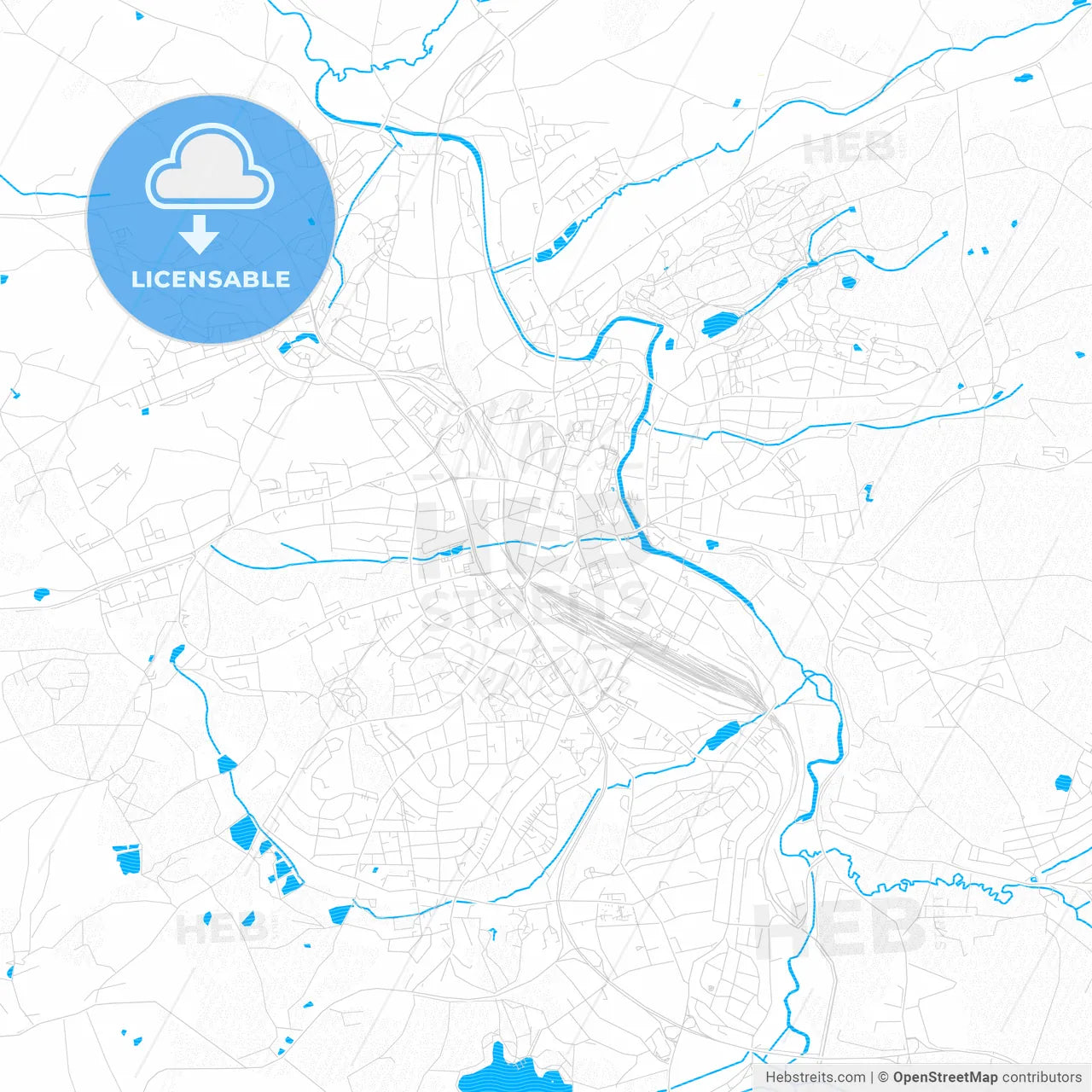 Hof, Germany PDF vector map with water in focus