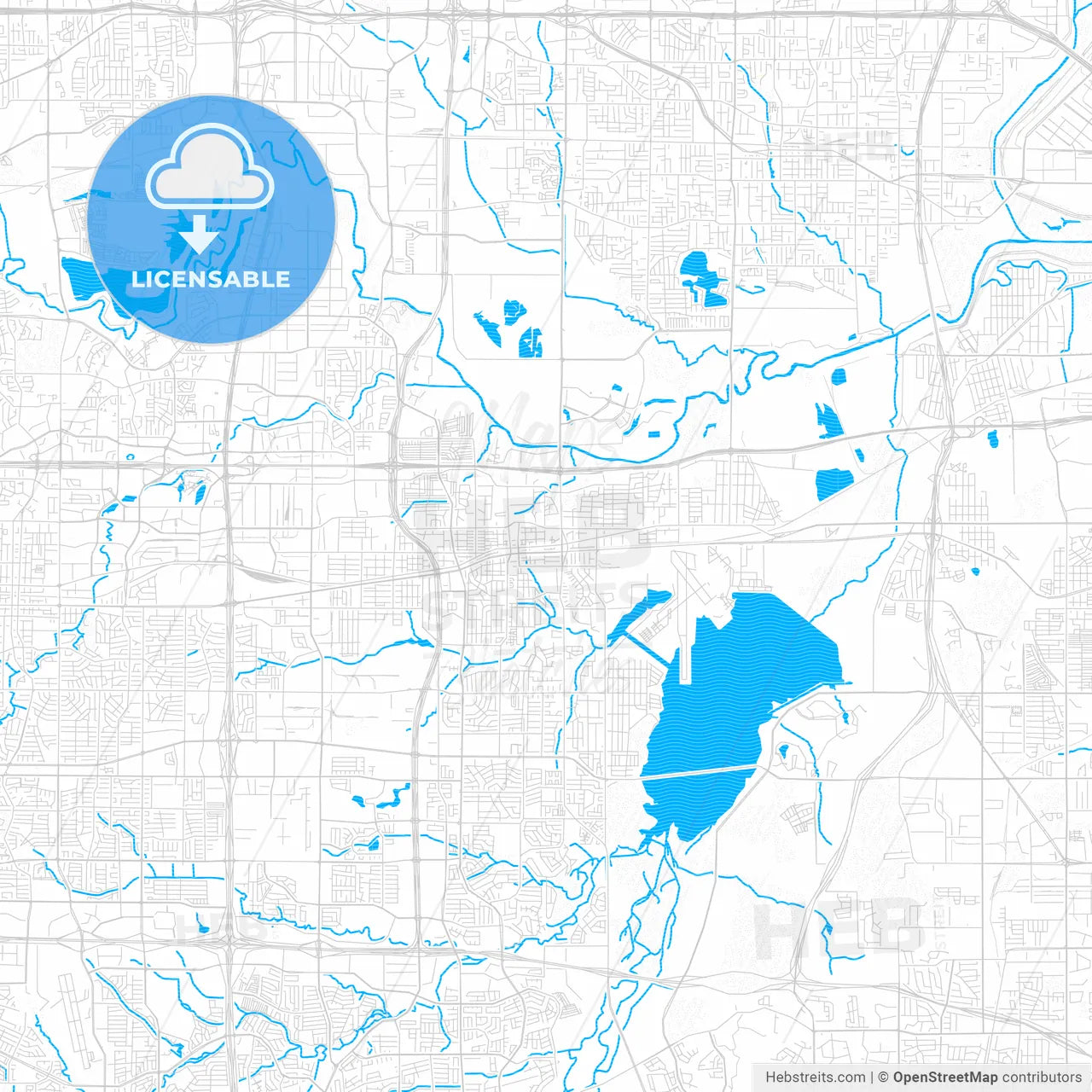 Grand Prairie, Texas, United States, PDF vector map with water in focus