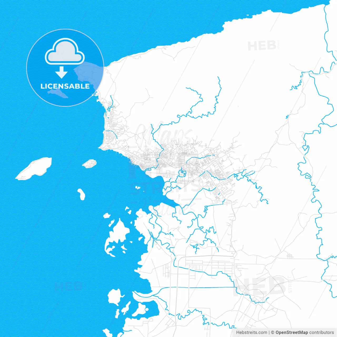 Sorong, Indonesia PDF vector map with water in focus