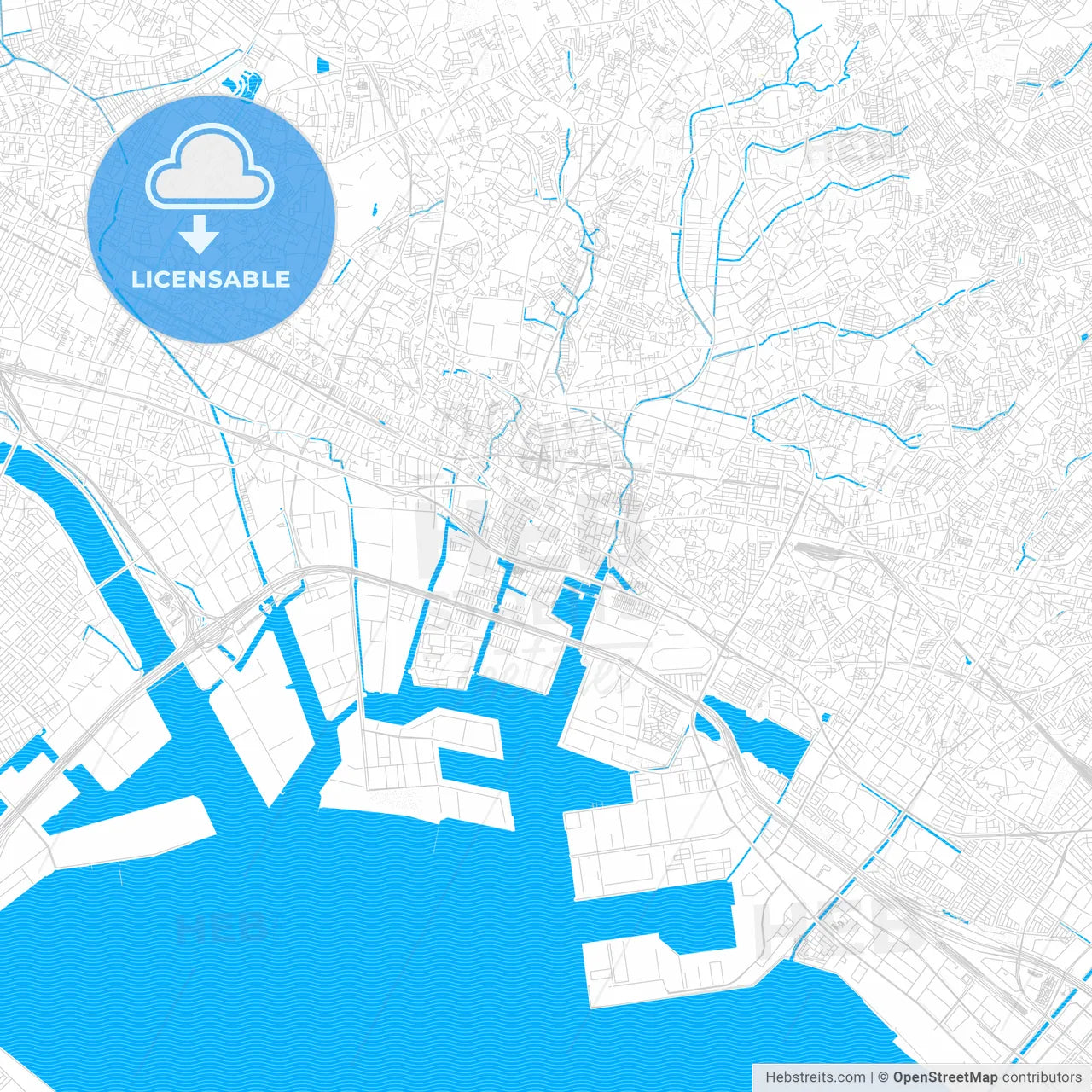 Funabashi, Japan PDF vector map with water in focus
