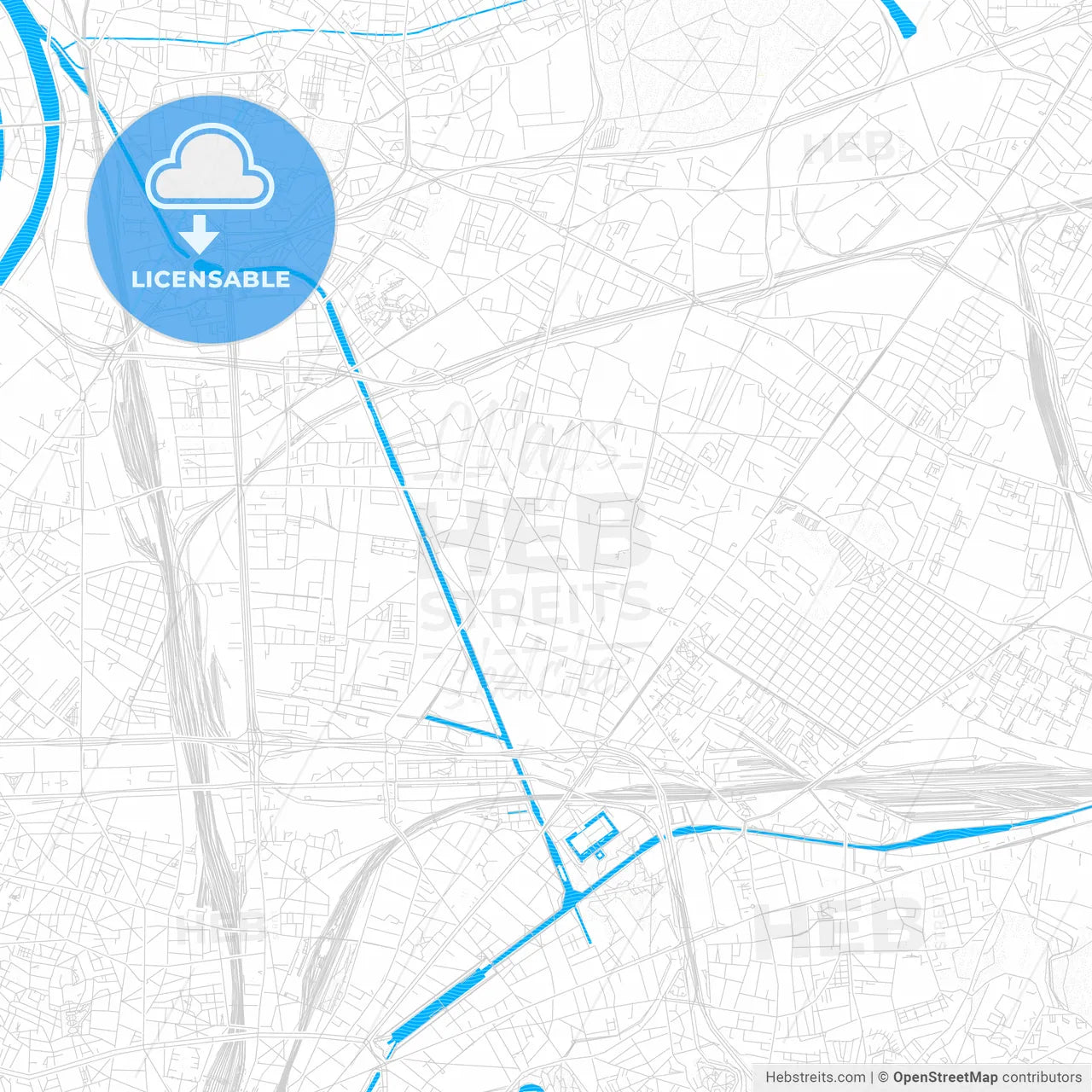 Aubervilliers, France PDF vector map with water in focus