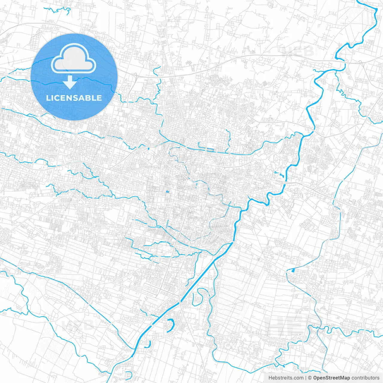 Surakarta, Indonesia PDF vector map with water in focus