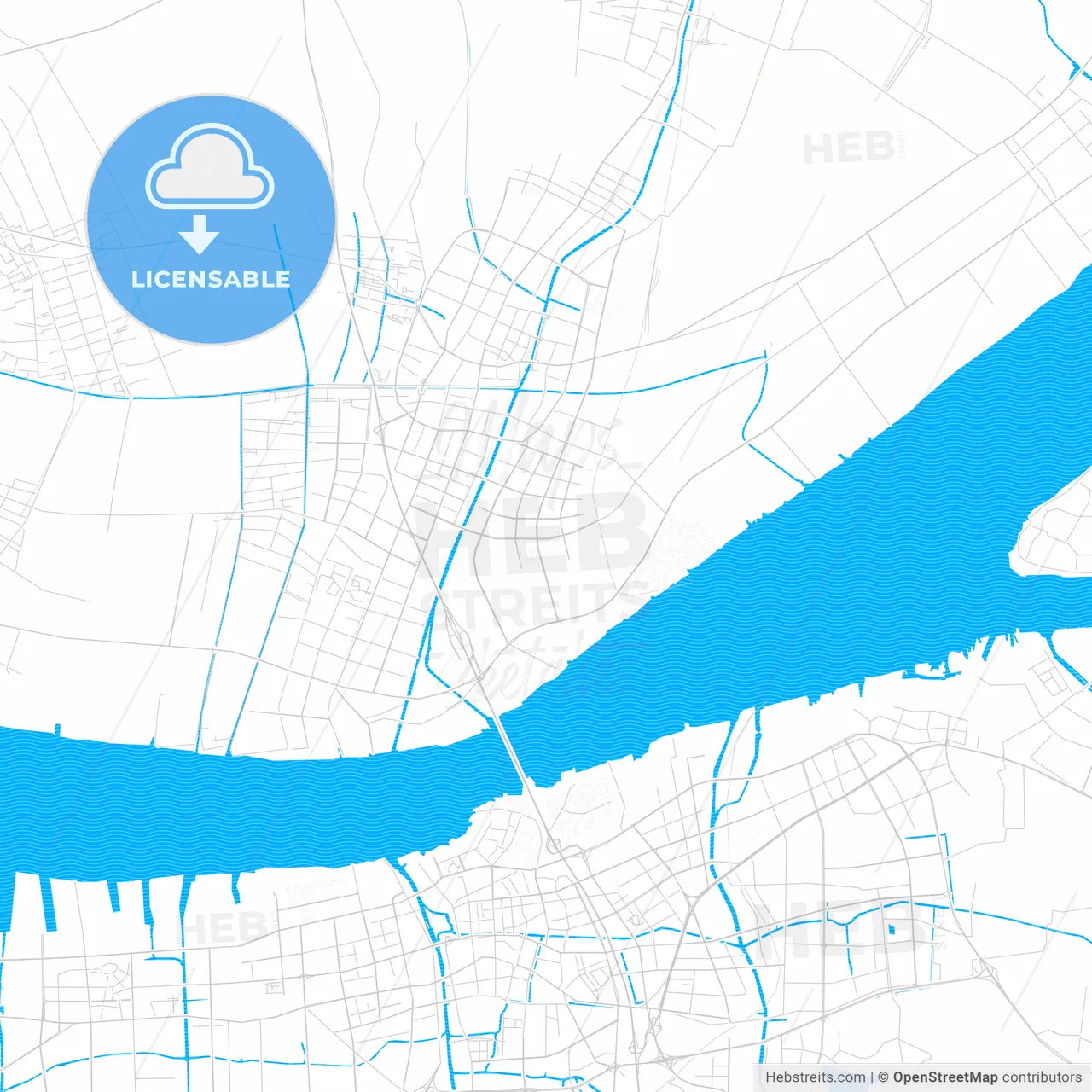 Jingjiang, China PDF vector map with water in focus