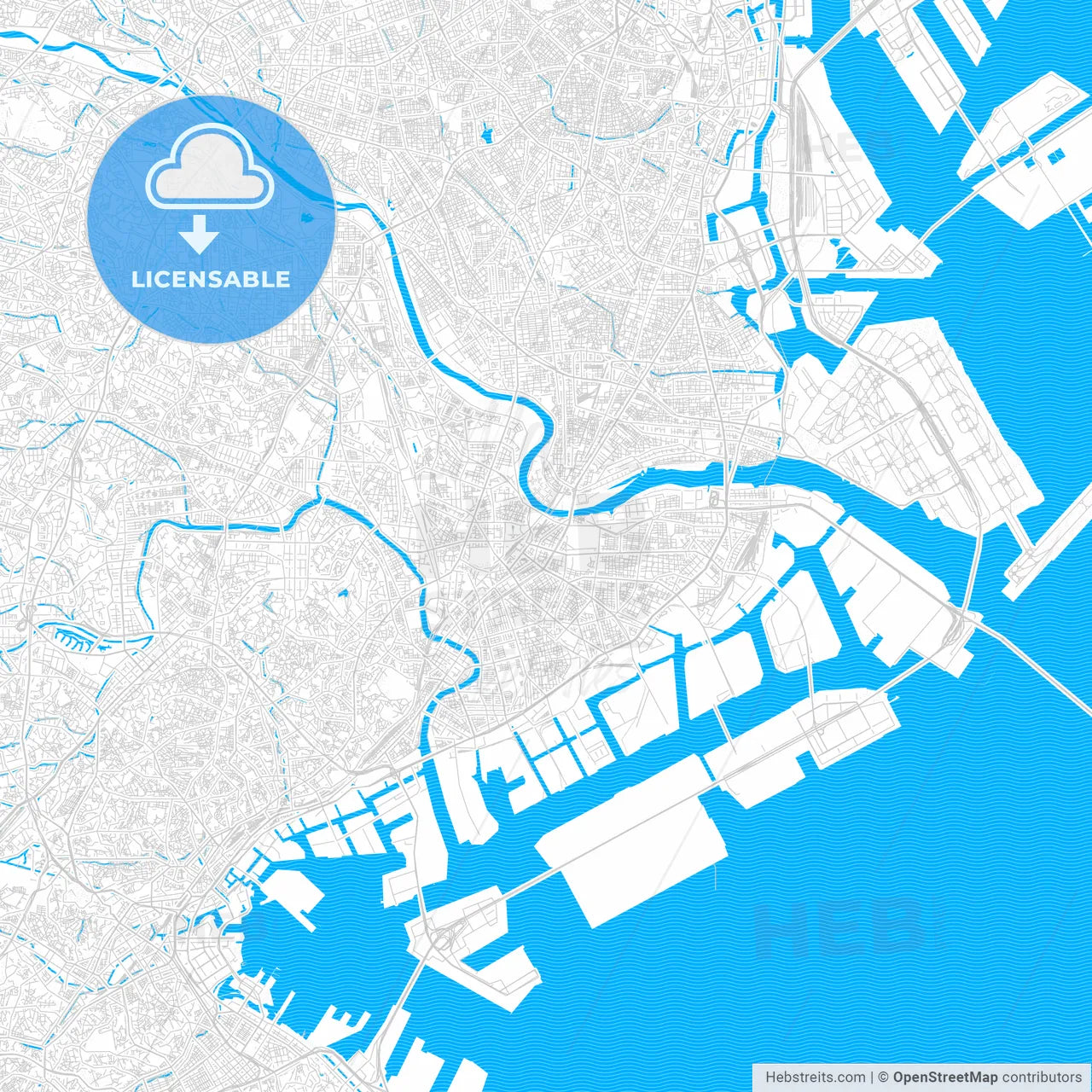 Kawasaki, Japan PDF vector map with water in focus