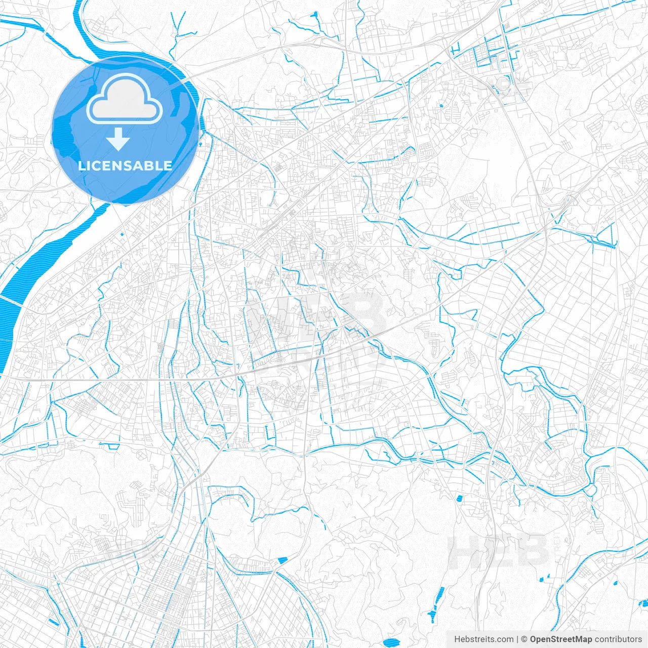 Kurashiki, Japan PDF vector map with water in focus