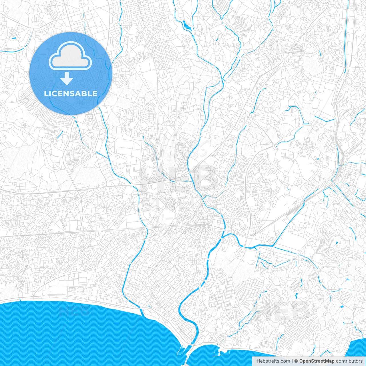 Fujisawa, Japan PDF vector map with water in focus