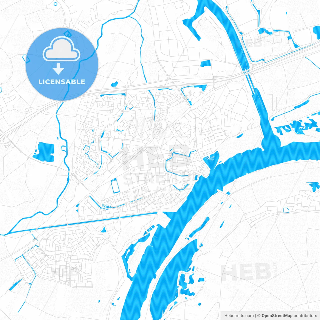 Tiel, Netherlands PDF vector map with water in focus