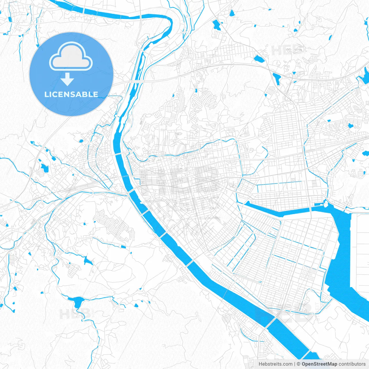 Fukuyama, Japan PDF vector map with water in focus