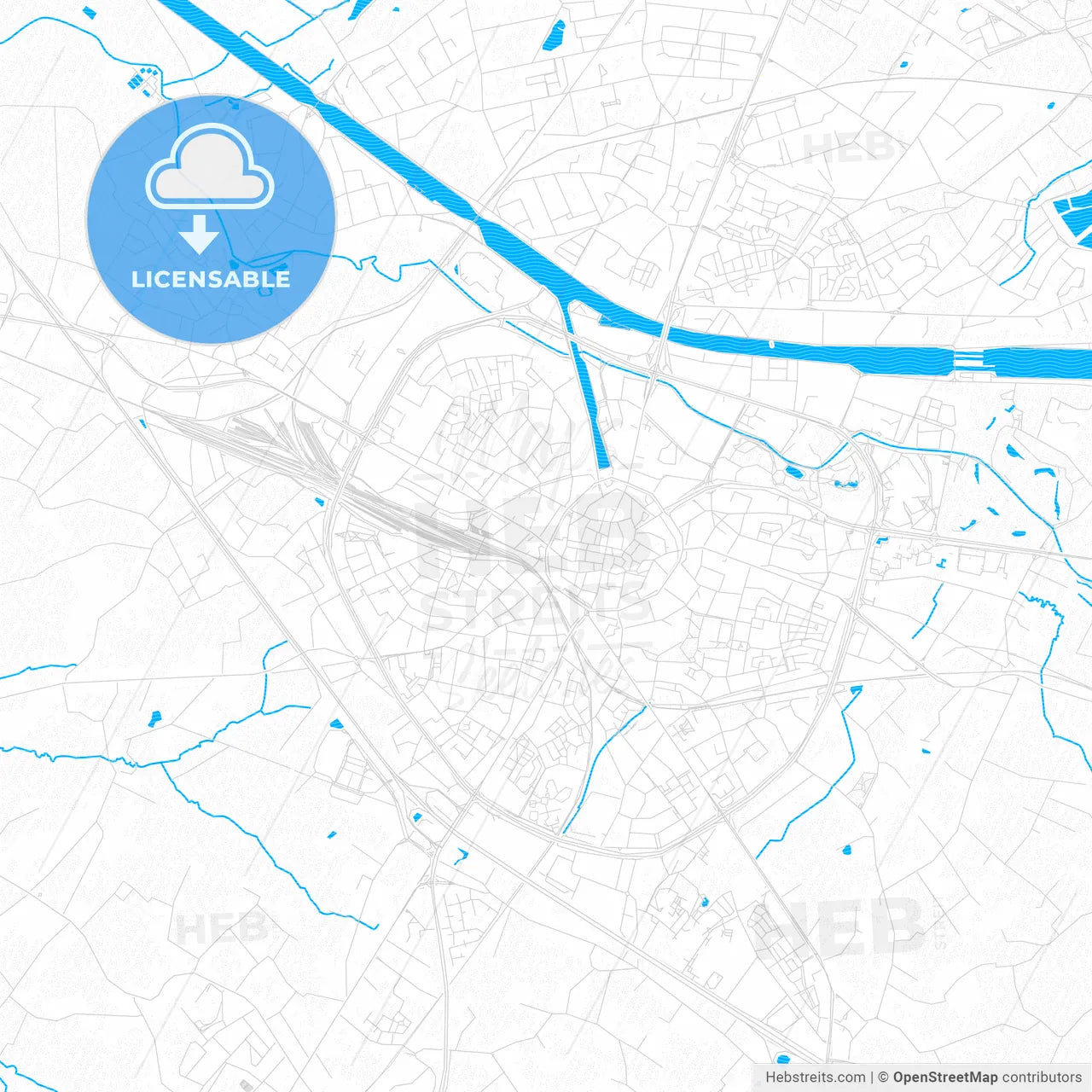 Hasselt, Belgium PDF vector map with water in focus