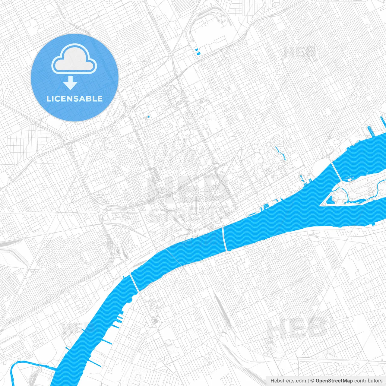 Detroit, Michigan, United States, PDF vector map with water in focus