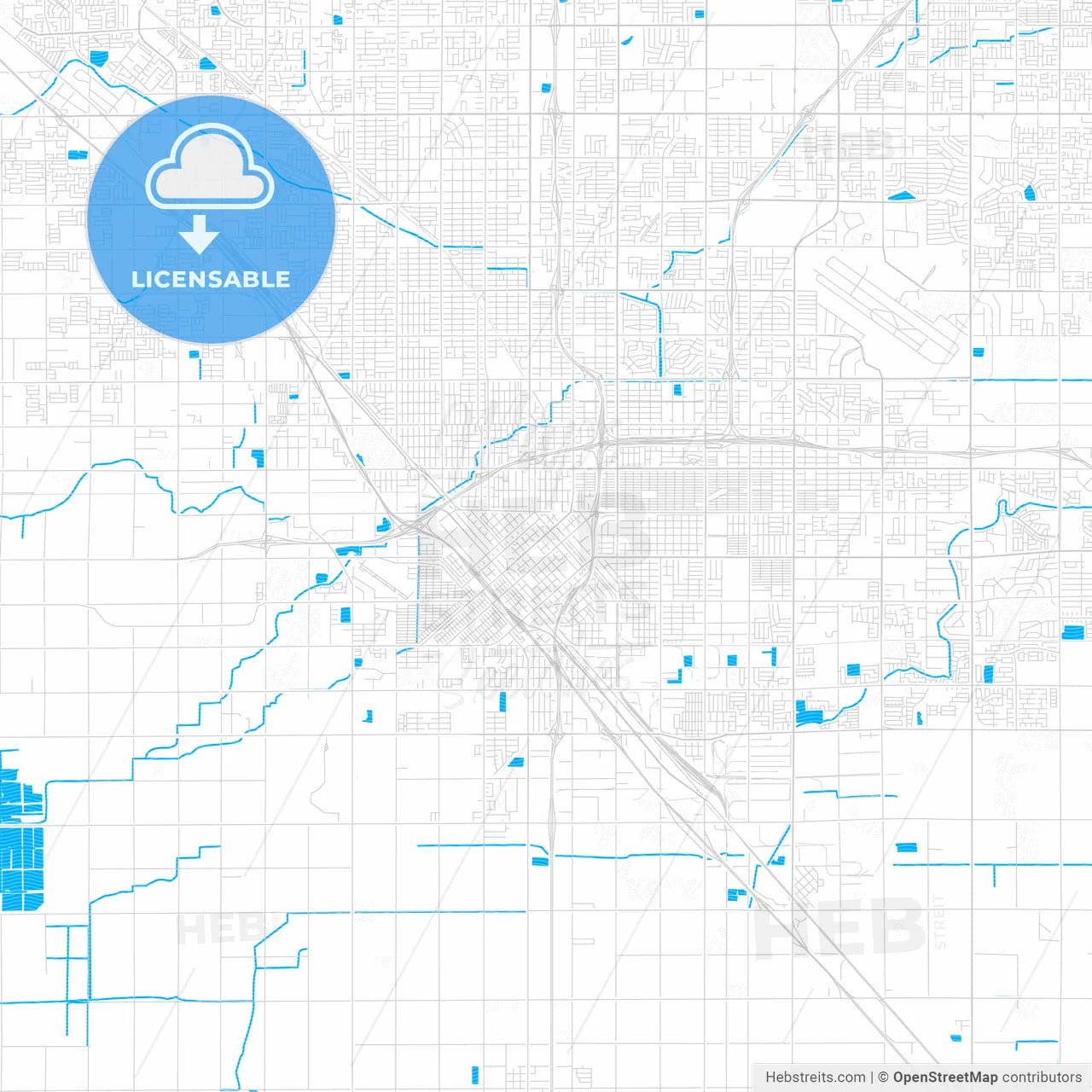 Fresno, California, United States, PDF vector map with water in focus