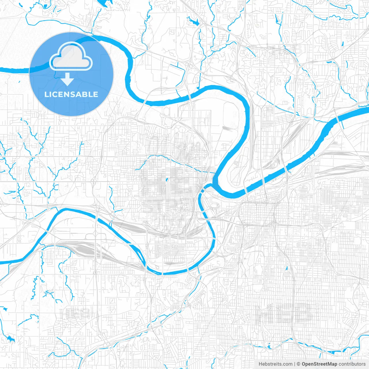 Kansas City, Kansas, United States, PDF vector map with water in focus