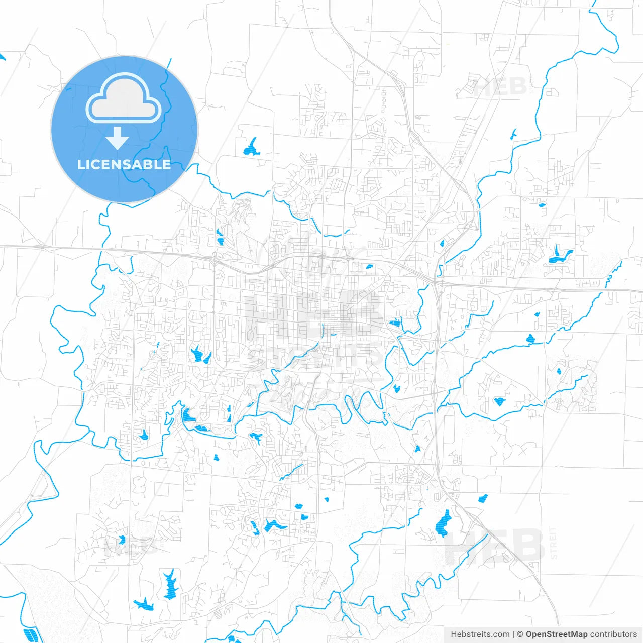 Columbia, Missouri, United States, PDF vector map with water in focus