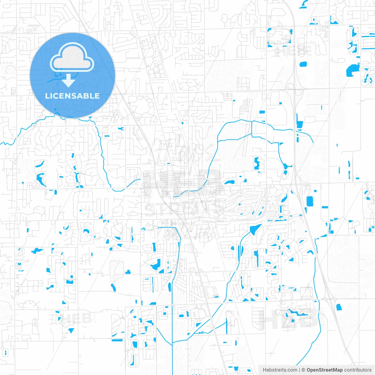 Greenwood, Indiana, United States, PDF vector map with water in focus
