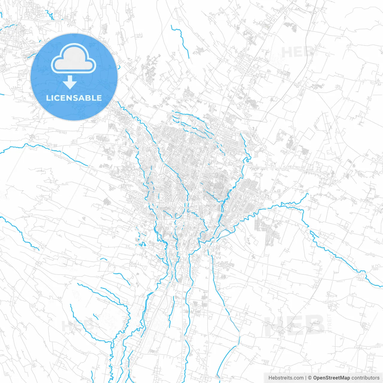 Malang, Indonesia PDF vector map with water in focus